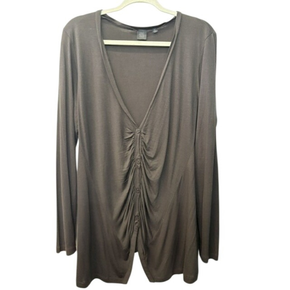Saks Fifth Avenue Womens Brown Ruched Button Front V-Neck Long Sleeve Top Large